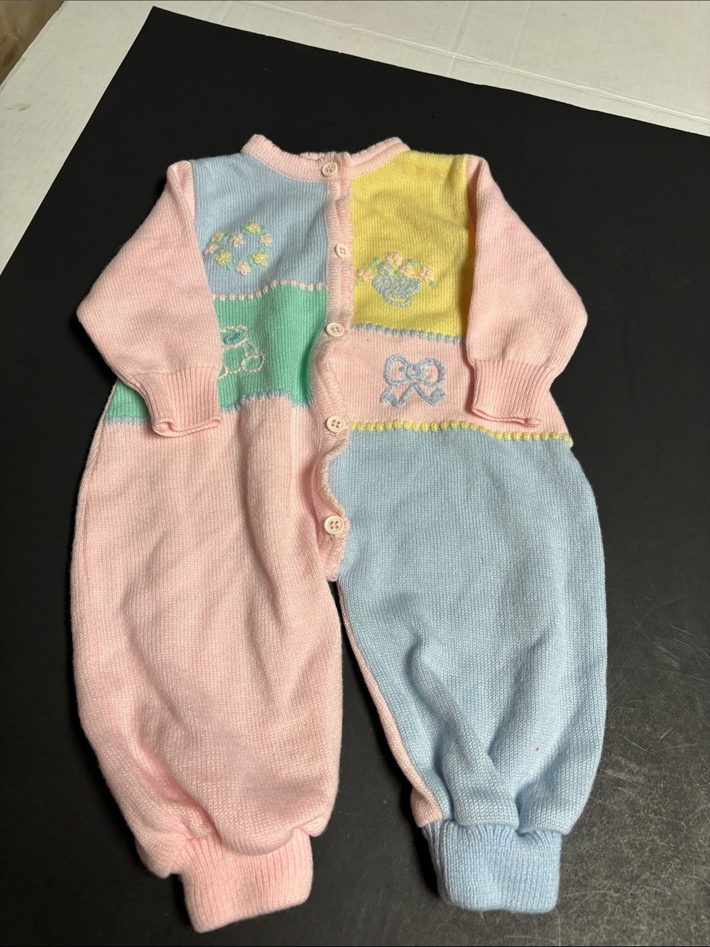VINTAGE Pastel Patchwork Knit Footie One-Piece - Pink/Blue/Yellow/Green